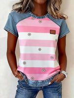 Color-block Printed Short-sleeve Womens Loose Top
