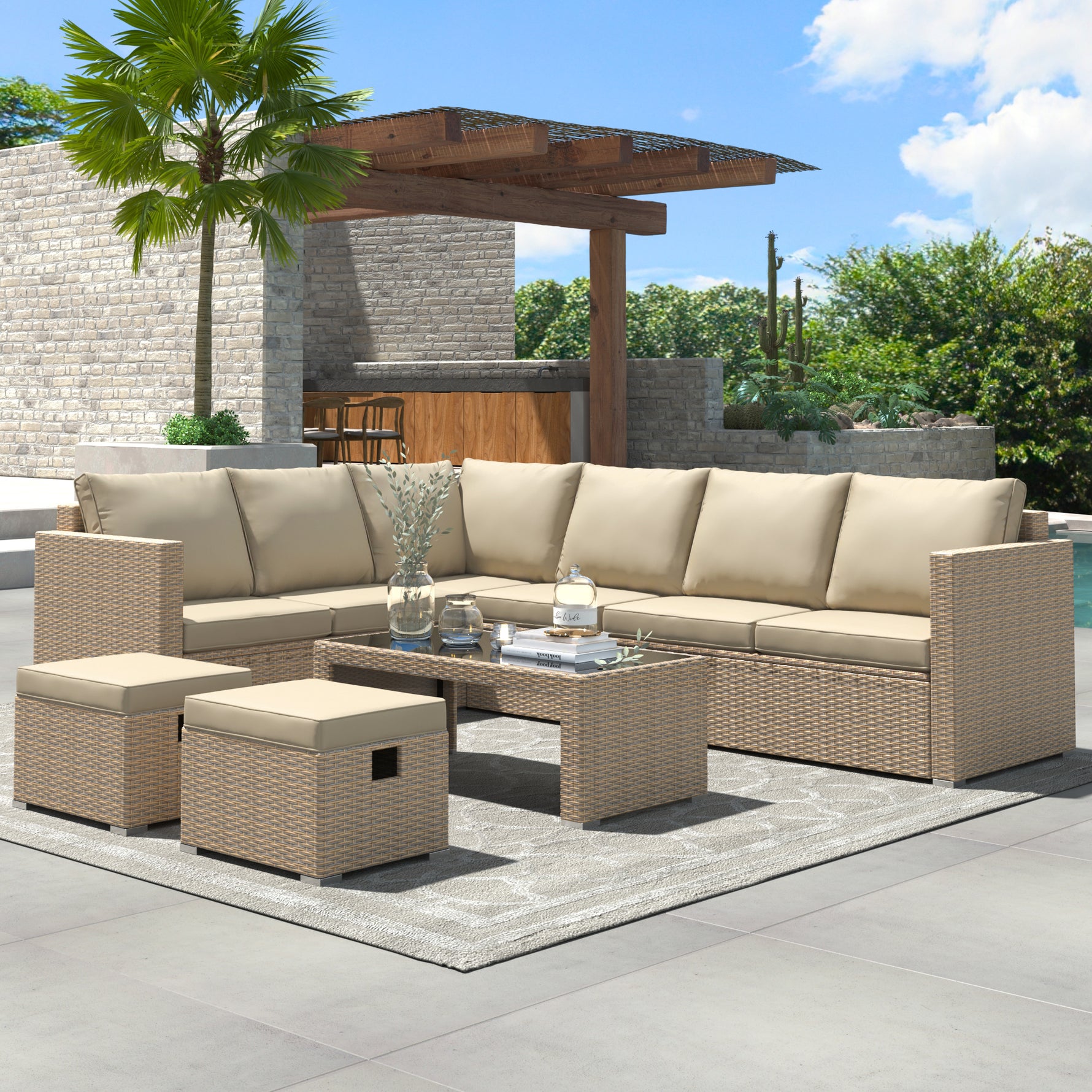 Garden Corner Sofa Set Rattan Sofa Outdoor Furniture With Coffee Table 2 Stools,Khaki