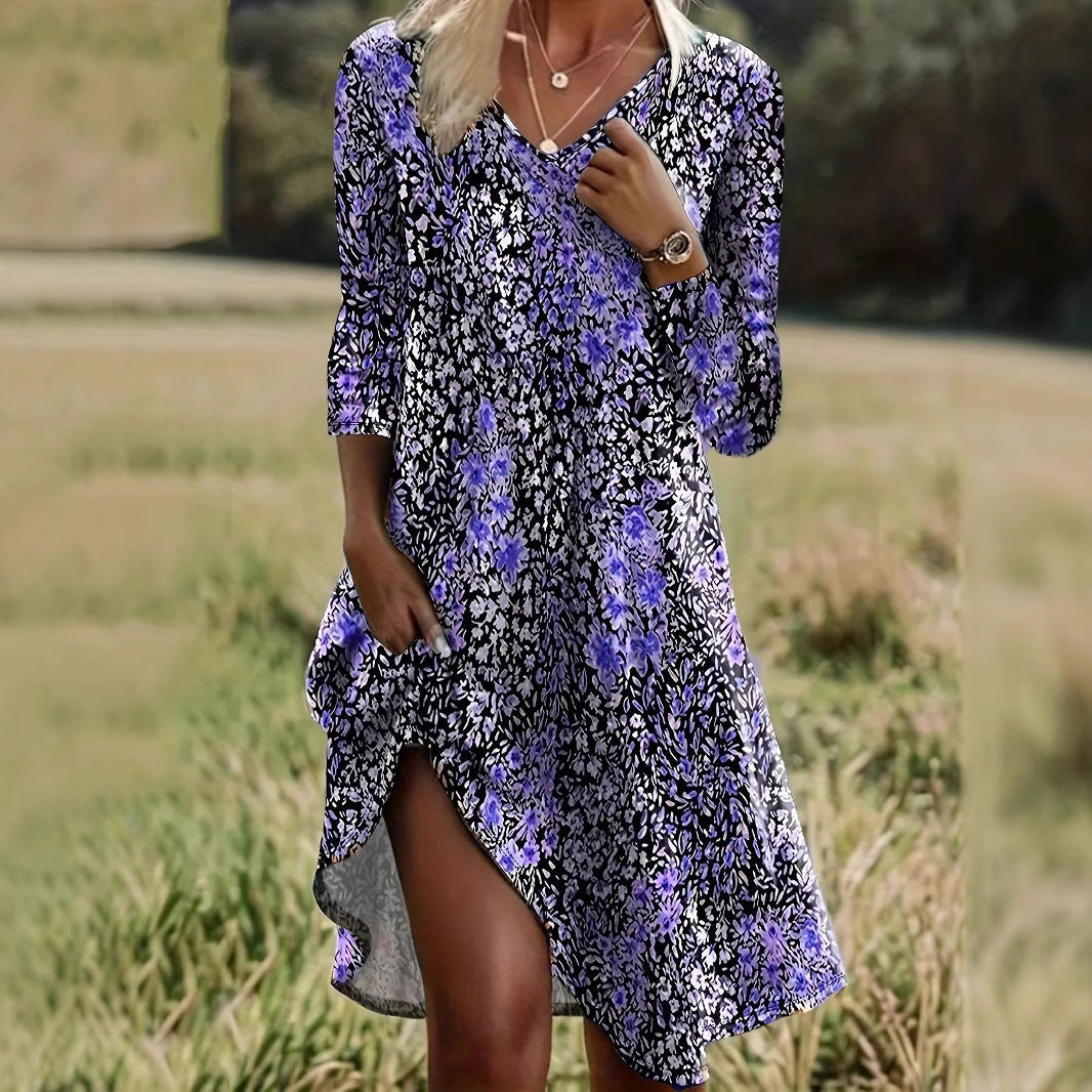 Womens Fashion V-Neck Printed Long-Sleeve Petite Floral Dress