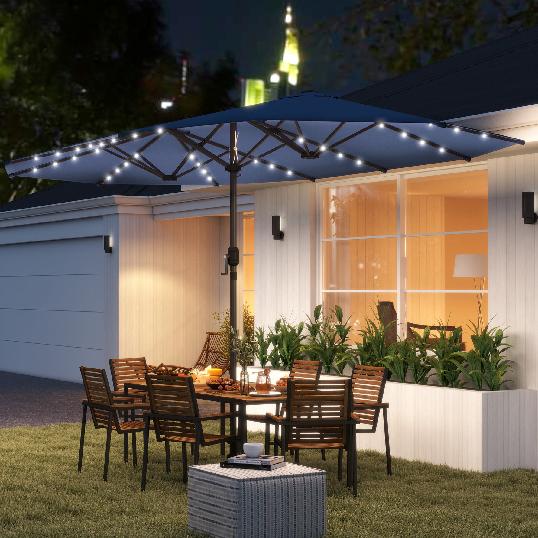Garden Parasol, Double-Sided Sun Umbrella With LED Solar Lights, Patio Parasol For Outdoor, Blue