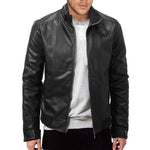 Mens Winter Warm Zip-Up Stand Collar Slim-Fit Leather Jacket Coats