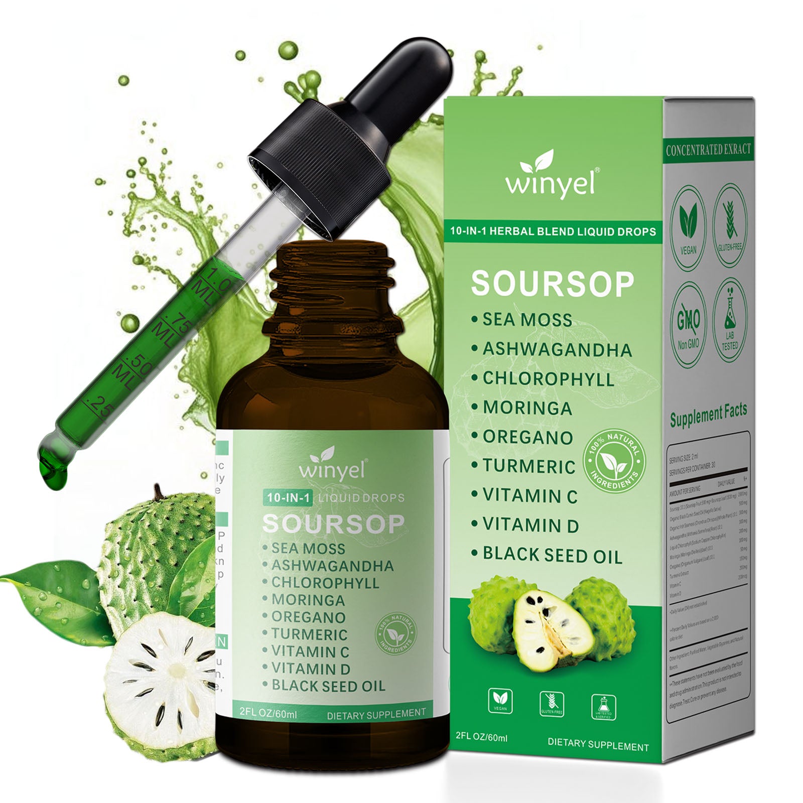 Soursop Drops 10-in-1 With Seaweed, Moringa, Black Seed Oil, Oregano, Ashwagandha, Chlorophyll  Herbal Extracts Promote Overall Health  Vegan 2 Fl Oz