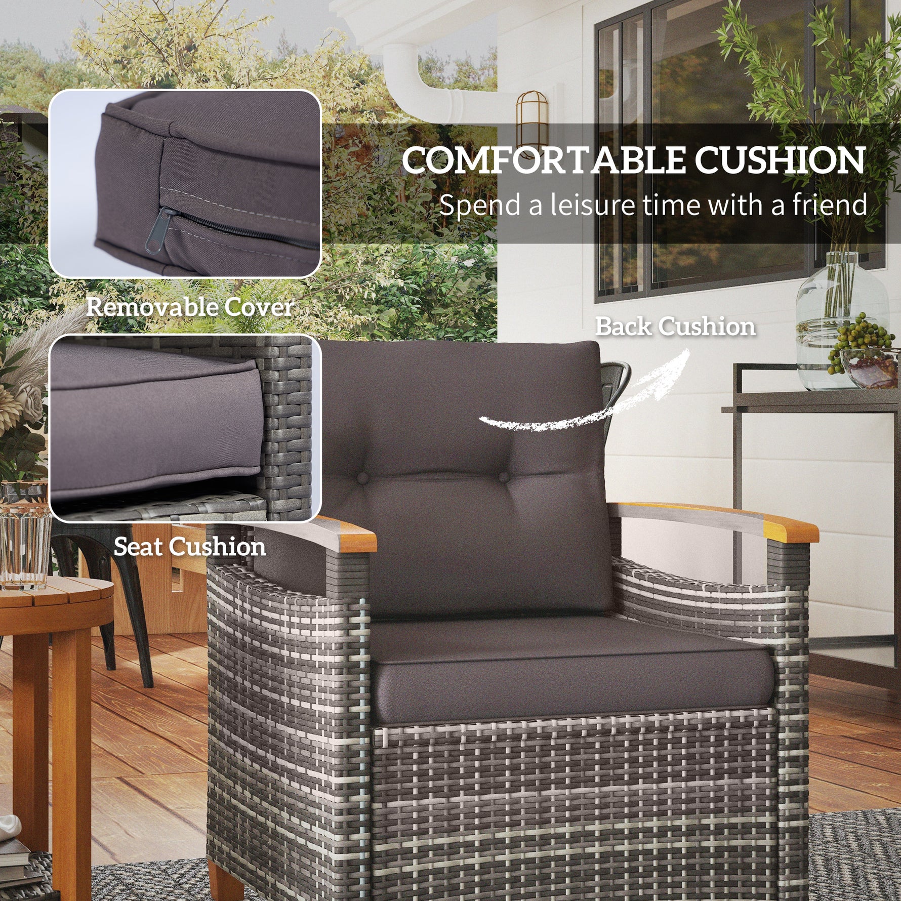 Outdoor Bistro Set Wicker Patio Furniture With Cushions For Porch, Backyard, Garden, Gray
