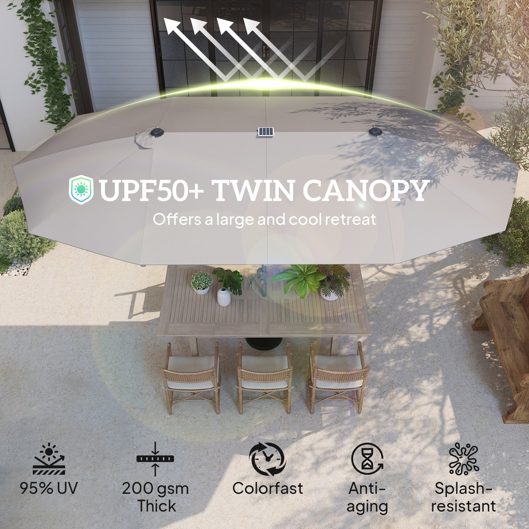 15ft Double-Sided Outdoor Umbrella With Solar Lights, Extra Large Aluminum Patio Umbrella With Crank, Dark Gray