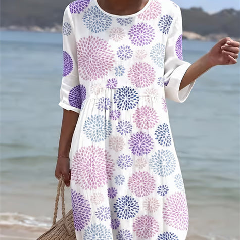 Women's Casual Round Neck Mid Sleeve Print Cotton And Linen Dress