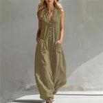 Womens Casual Linen-Cotton Sleeveless Jumpsuit With Two Pocket Straps