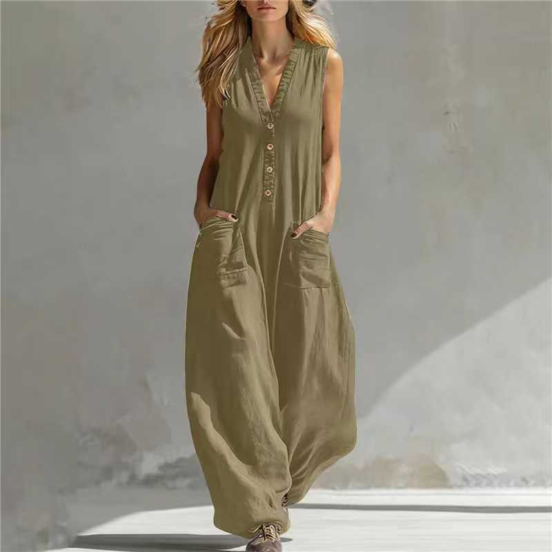 Womens Casual Linen-Cotton Sleeveless Jumpsuit With Two Pocket Straps
