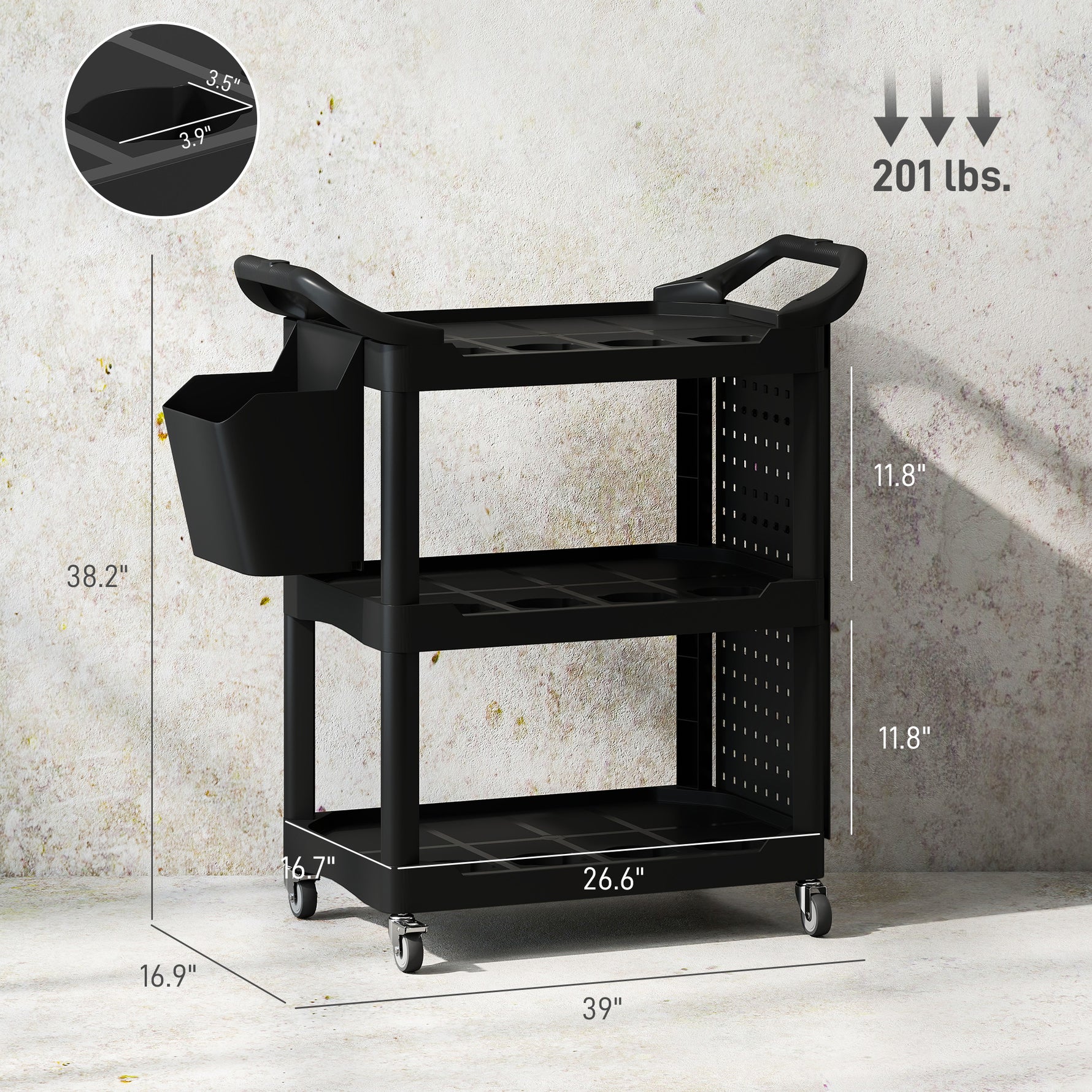 3-Tier Rolling Tool Cart, 200 LBS Capacity Plastic Utility Cart With Side Shelf And Storage Bucket, Black