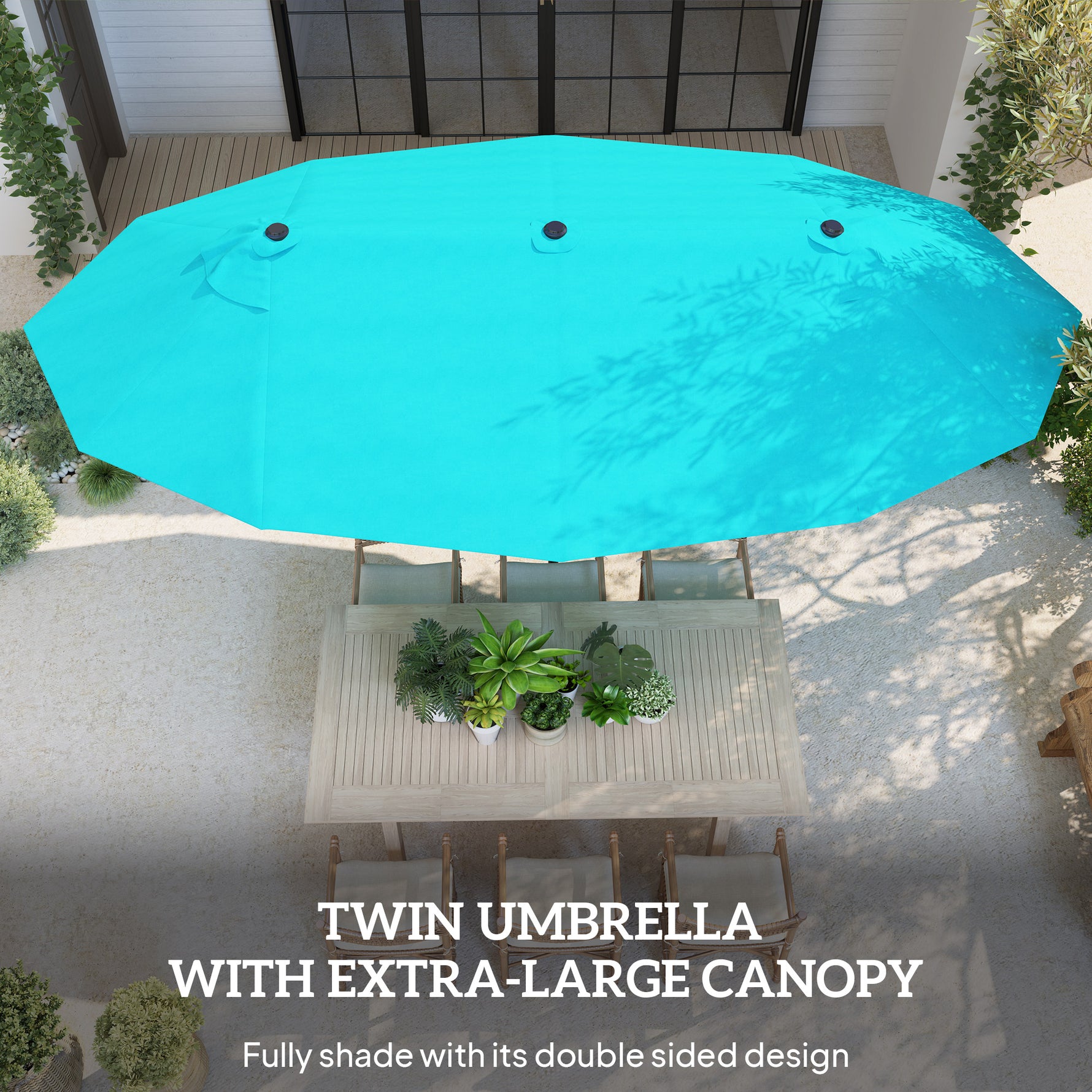 Patio Umbrella, 15 Steel Rectangular Outdoor Double Sided Market Umbrella With Base, Sun Protection & Easy Crank, Blue