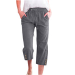 Womens Solid-Colored Drawstring Cotton-Linen Casual Loose-Fit Home Cropped Pants With Buttons And Pockets