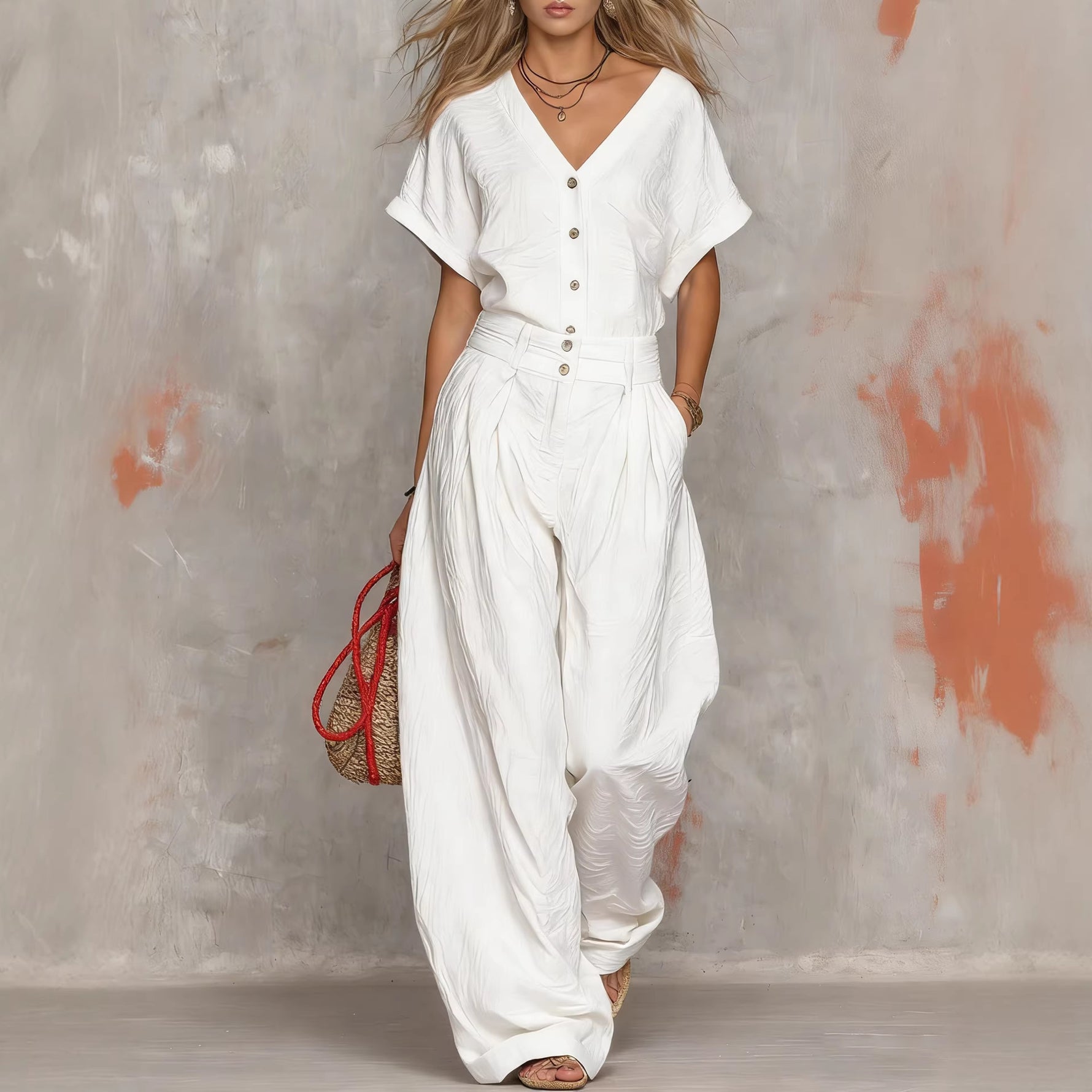 Solid-color V-neck Short-sleeve Top And Wide-leg Pants Set