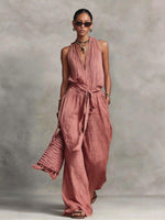 Casual Lace-up Sleeveless Cotton-blend Jumpsuit