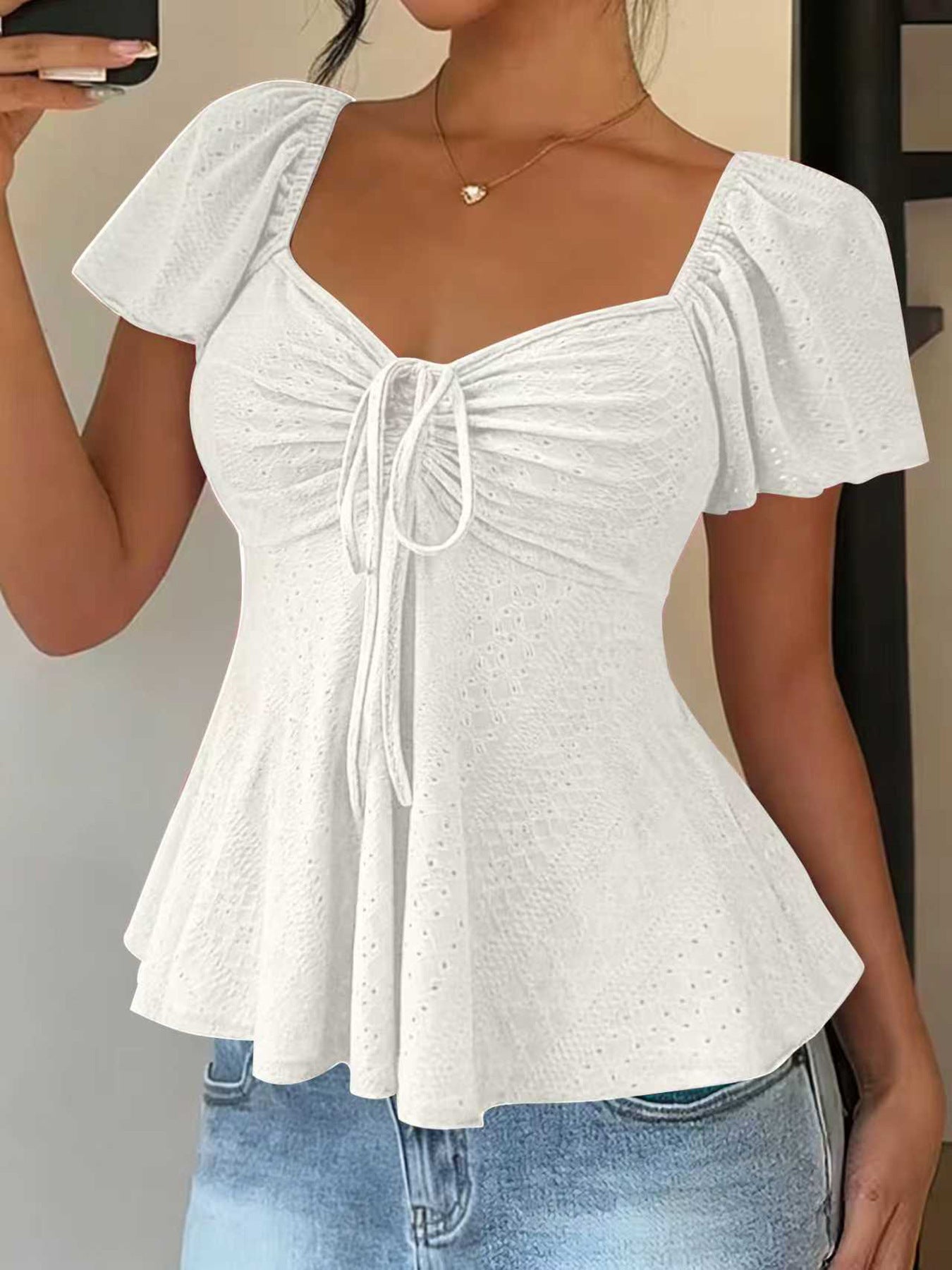 Euramerican V-neck Drawstring Tie-up Top