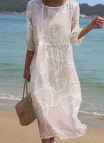 Women's Casual Round Neck Mid Sleeve Print Cotton And Linen Dress