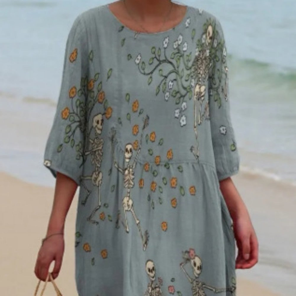 Printed Ladies Long-sleeved Round Neck Dress