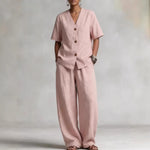 Summer Linen Solid-color Collarless Short-sleeve Top And Casual Wide-leg Pants