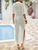 Fisoew Womens Crochet Swimsuit Coverup Summer Hollow Out Short Sleeve V Neck Bikini Coverups Vacation Beach Maxi Dress