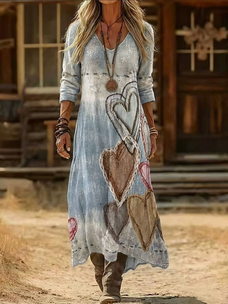 Personalized Retro Chic V-Neck Long-Sleeve Dress