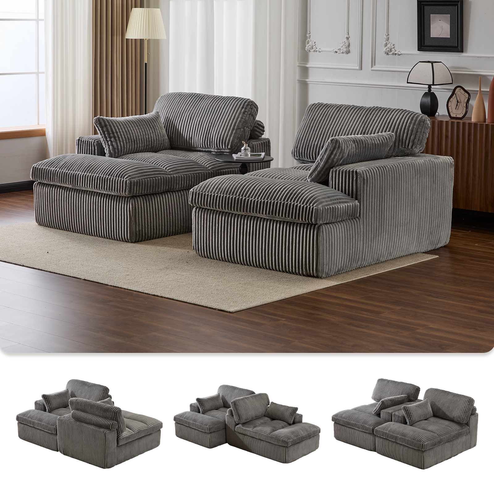 Double Chaise Lounge Chair Indoor,Oversized Upholstered Sleeper Cloud Couch,Deep Seat Luxury Sofa Bed,Sectional Sofa Chaise Love-seat,Corduroy Reading Chair For Living Room,No Assembly Required,Grey