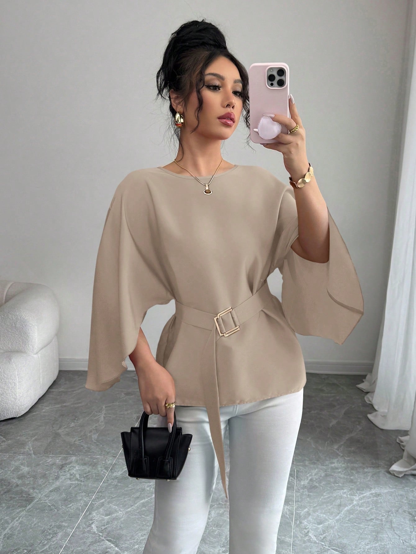 Womens Flared Sleeve Defined Waist Round Neck Lace-Up Slimming Shirt