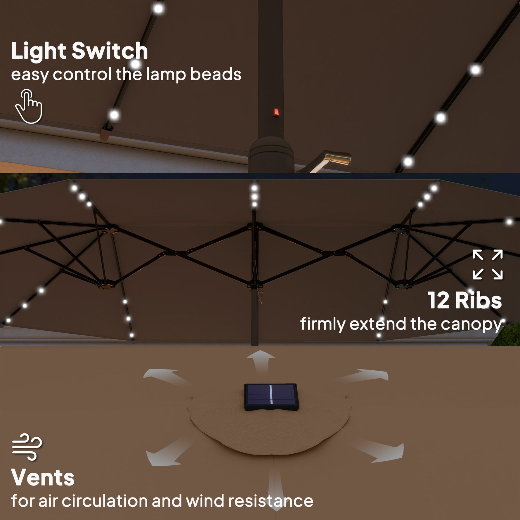 Garden Parasol 14.4 Ft. Double-Sided Sun Umbrella With Base, Patio Parasol With LED Solar Lights, Khaki