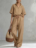 Womens Casual Loose Solid-Color Zip-Up Crew-Neck Wide-Leg Pants Set