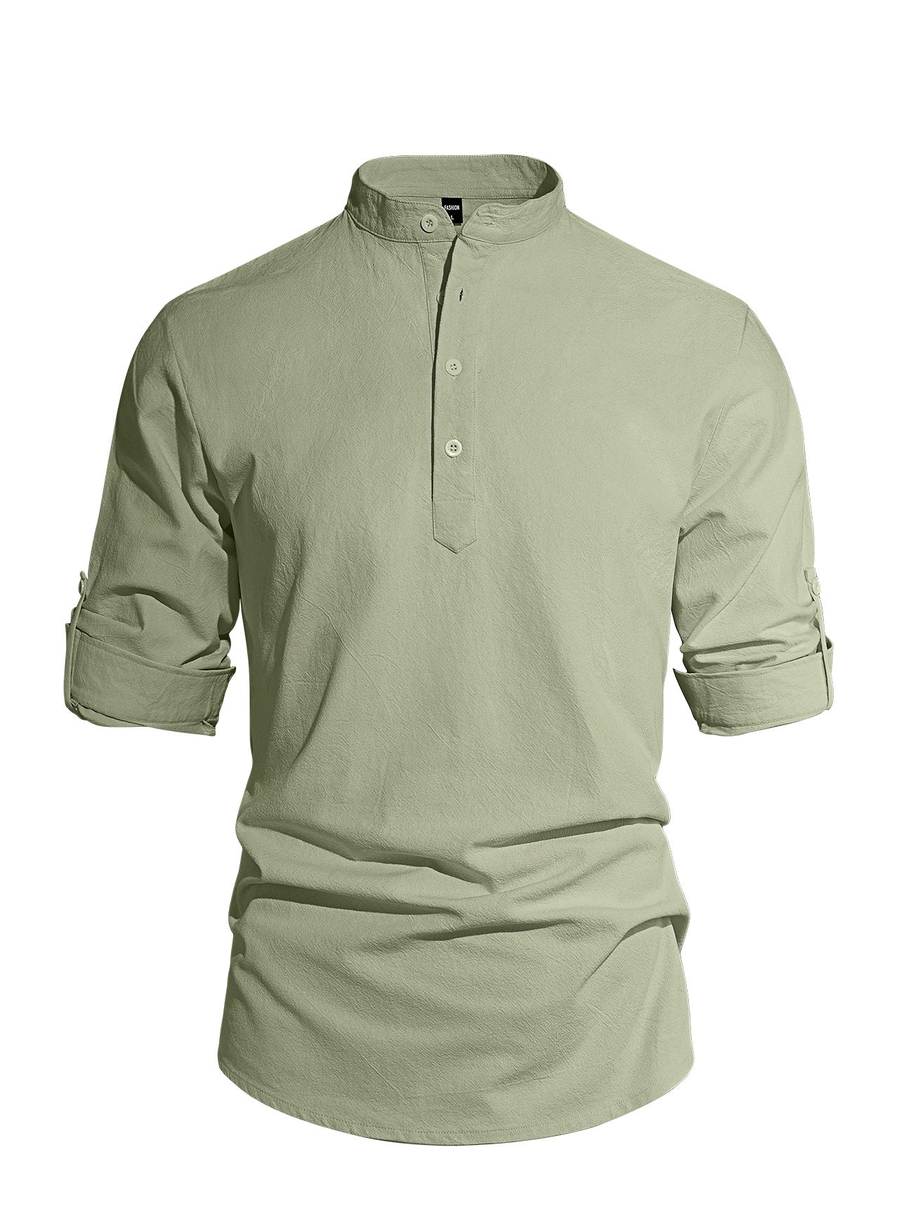 Men's Solid Color Stand Collar Long Sleeve Cotton-Linen Shirt