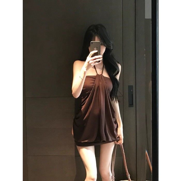 Sexy Innocent-yet-Sultry Slightly Mature Waist-Cinched Halter Slip Dress