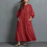 Solid-color Casual Cotton-linen Pocket Dress