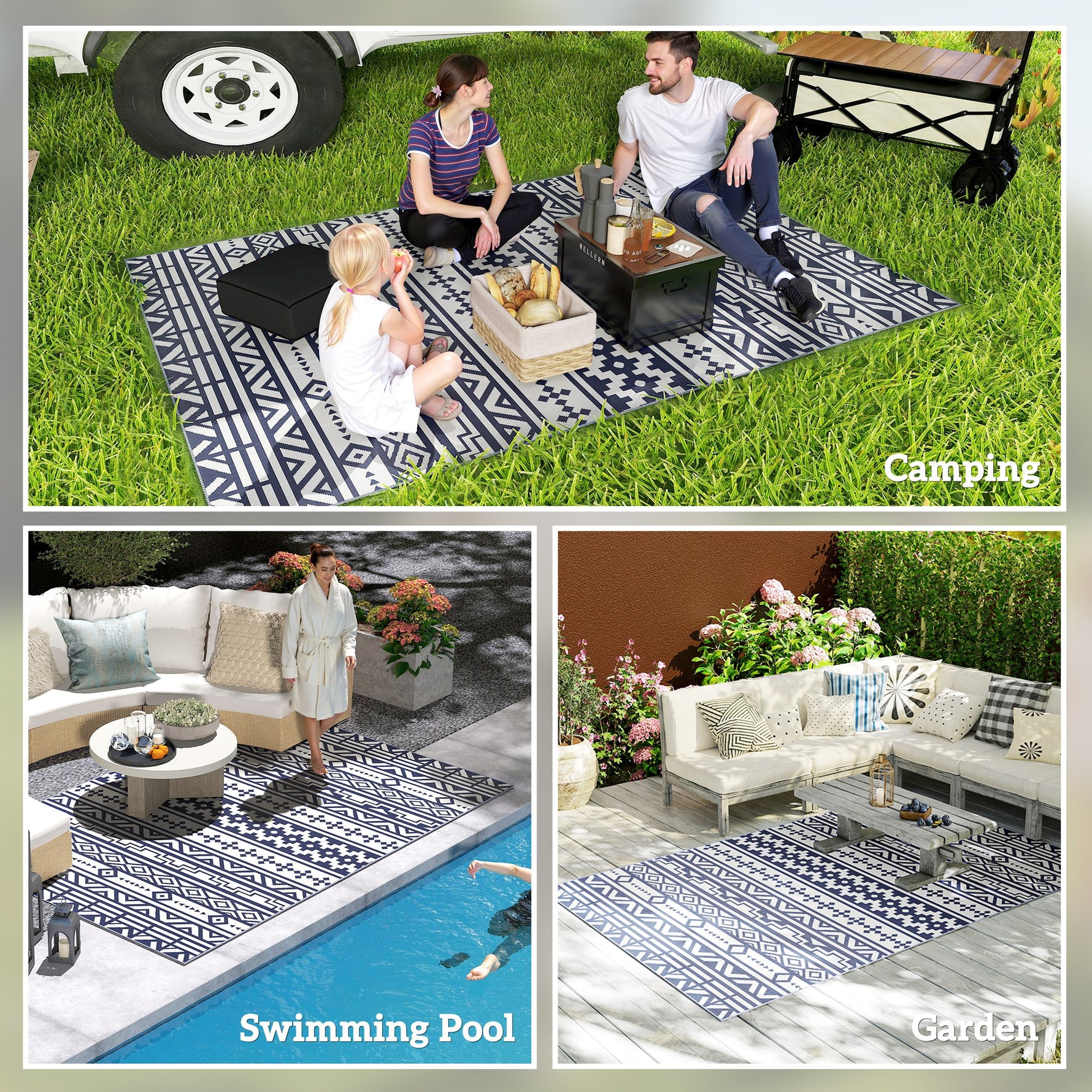 Reversible Outdoor Rug, Waterproof Plastic Straw With Carry Bag, 6 X 9, Blue  White Geometric