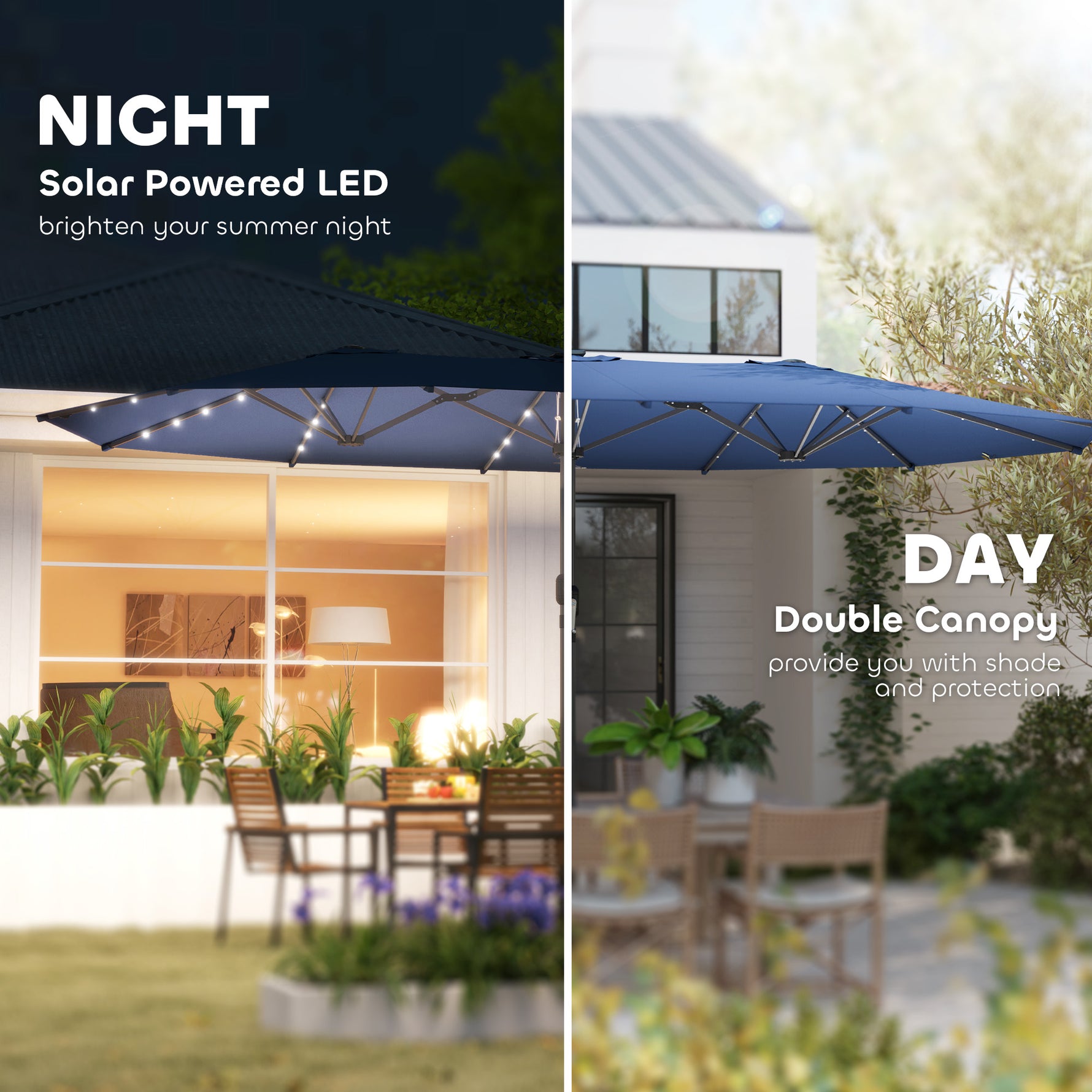 Garden Parasol, Double-Sided Sun Umbrella With LED Solar Lights, Patio Parasol For Outdoor, Blue