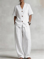 Summer Linen Solid-color Collarless Short-sleeve Top And Casual Wide-leg Pants