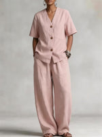Summer Linen Solid-color Collarless Short-sleeve Top And Casual Wide-leg Pants