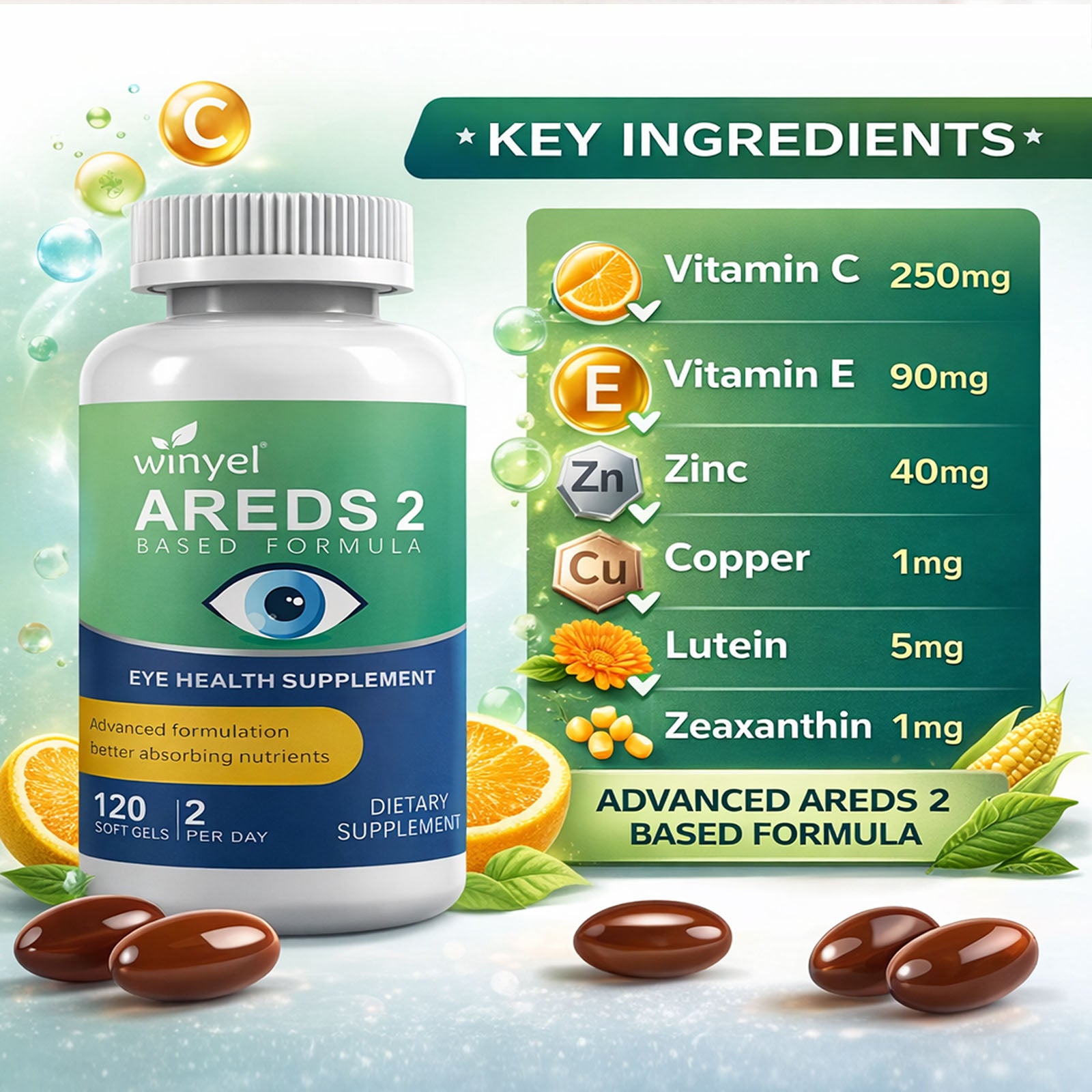 AREDS 2 Eye Vitamin And Mineral Supplement, Containing Lutein, Vitamin C, Zeaxanthin, Zinc, And Vitamin E, 120 Softgels.
