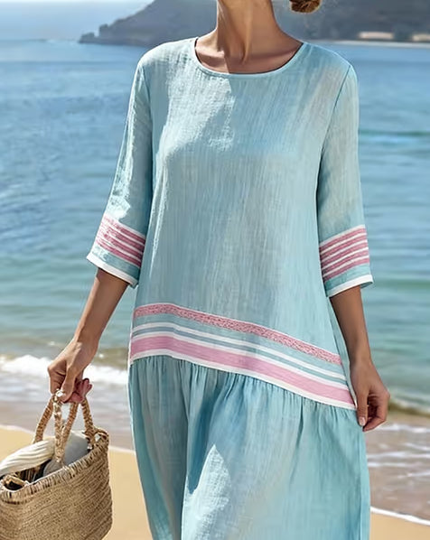 Women'S Casual Color-Block Cotton And Linen Dress