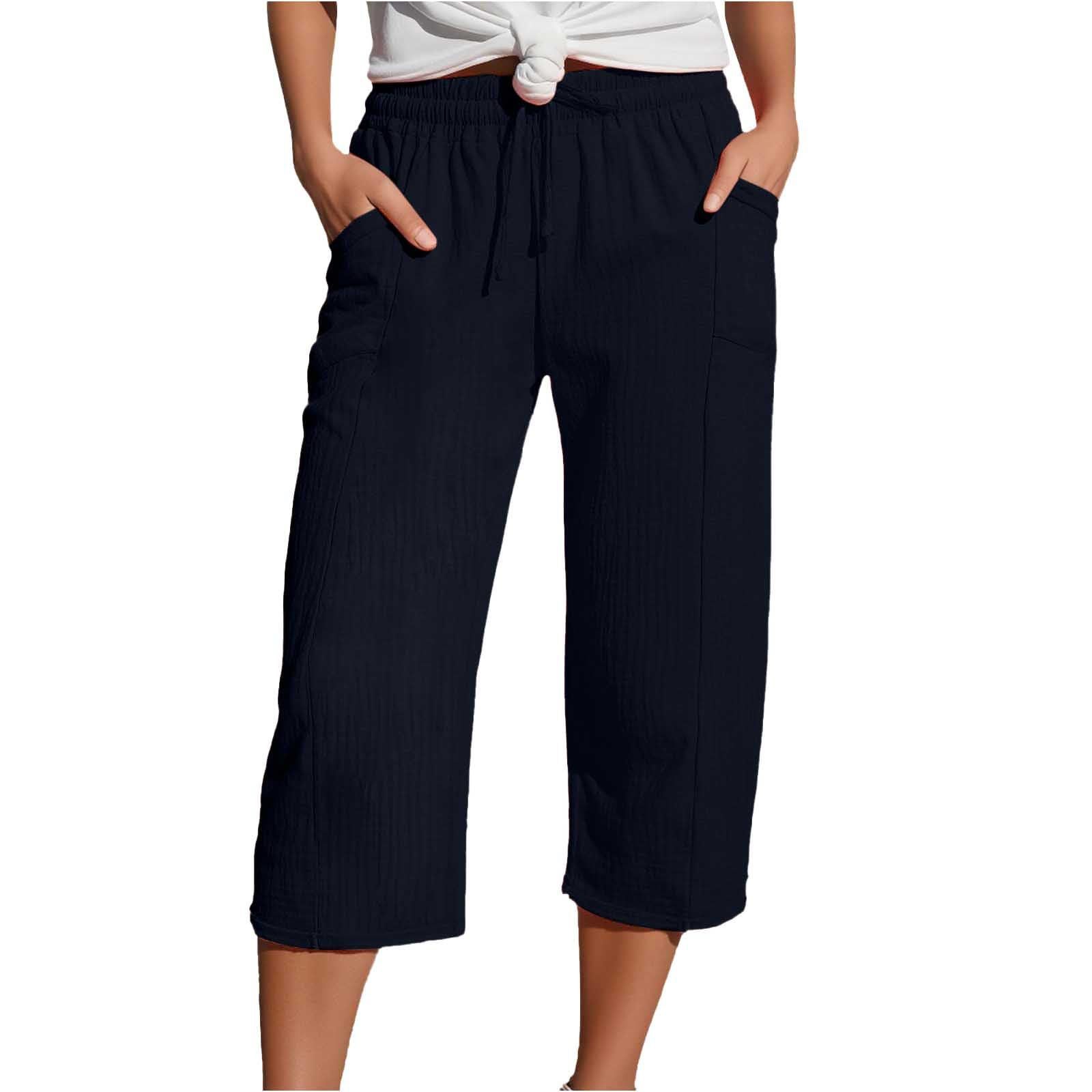 Women's Cotton-Linen Solid-Color Casual Cropped Pants With Elastic Waist