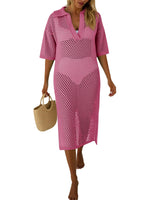 Fisoew Womens Crochet Swimsuit Coverup Summer Hollow Out Short Sleeve V Neck Bikini Coverups Vacation Beach Maxi Dress