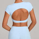 Womens Double-Stitched No-Cup Yoga Fitness Short-Sleeve Top