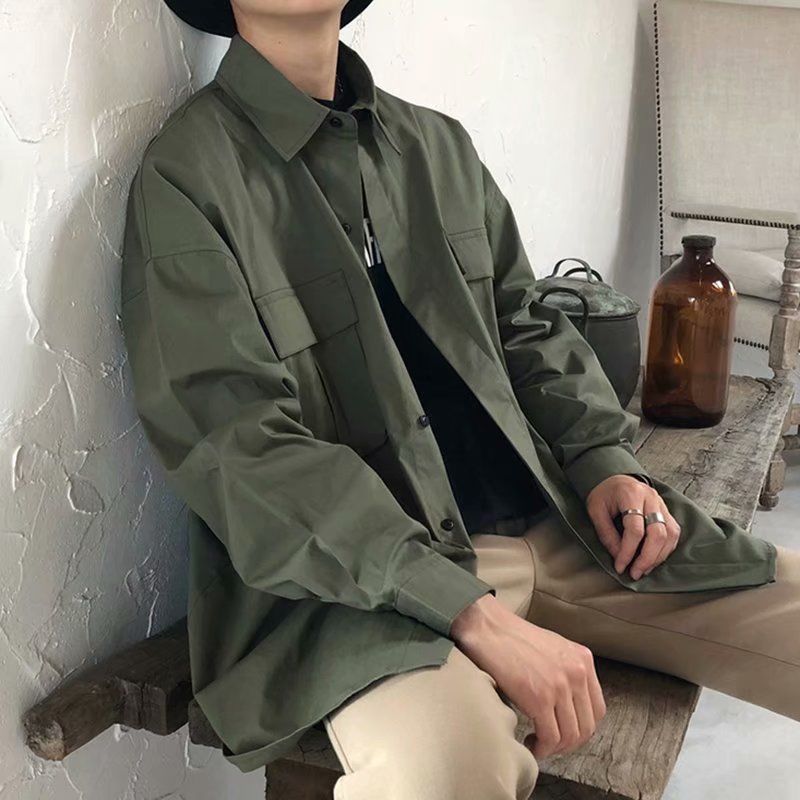 Spring Autumn Men's Long-Sleeve Trendy American-Style Workwear Shirt