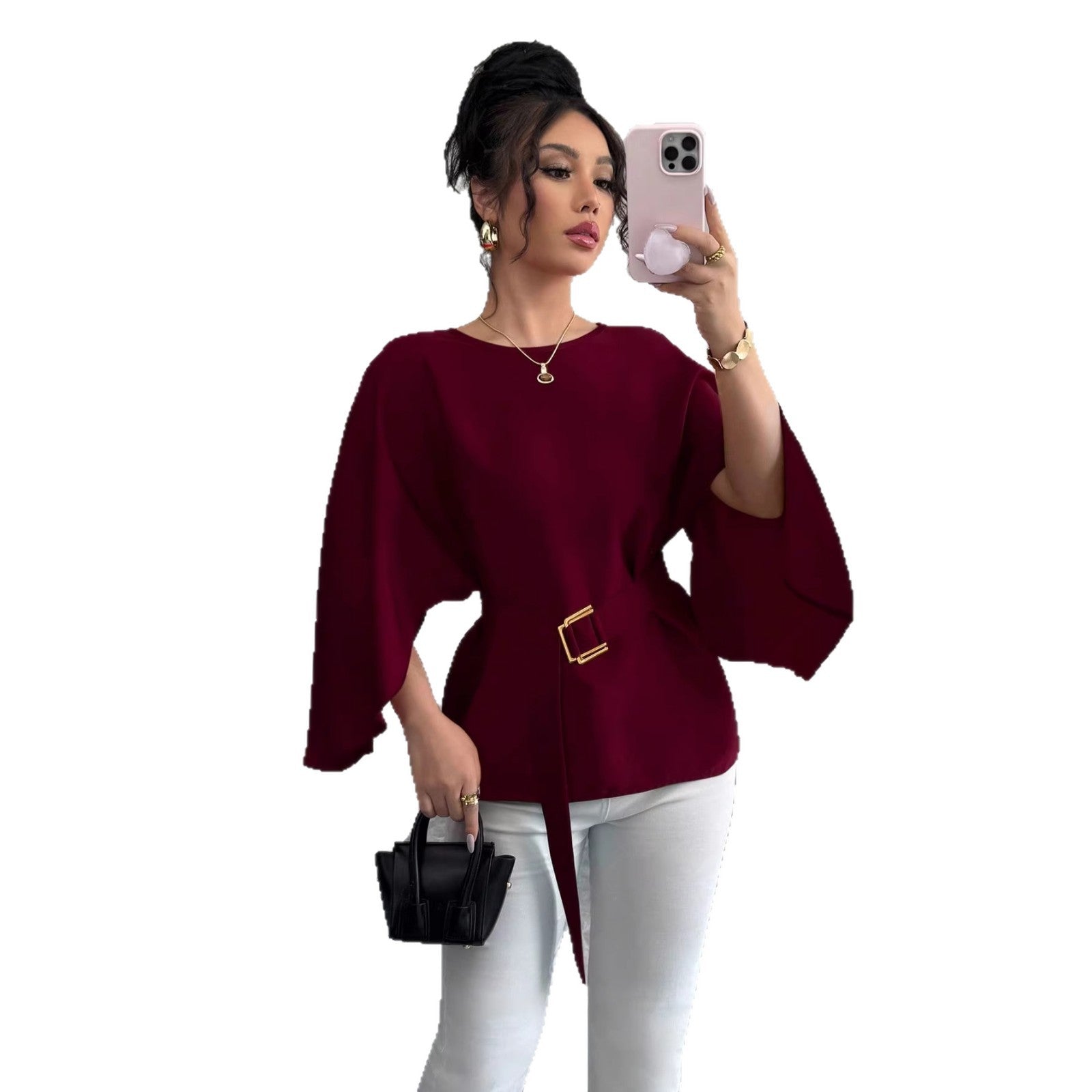 Womens Flared Sleeve Defined Waist Round Neck Lace-Up Slimming Shirt