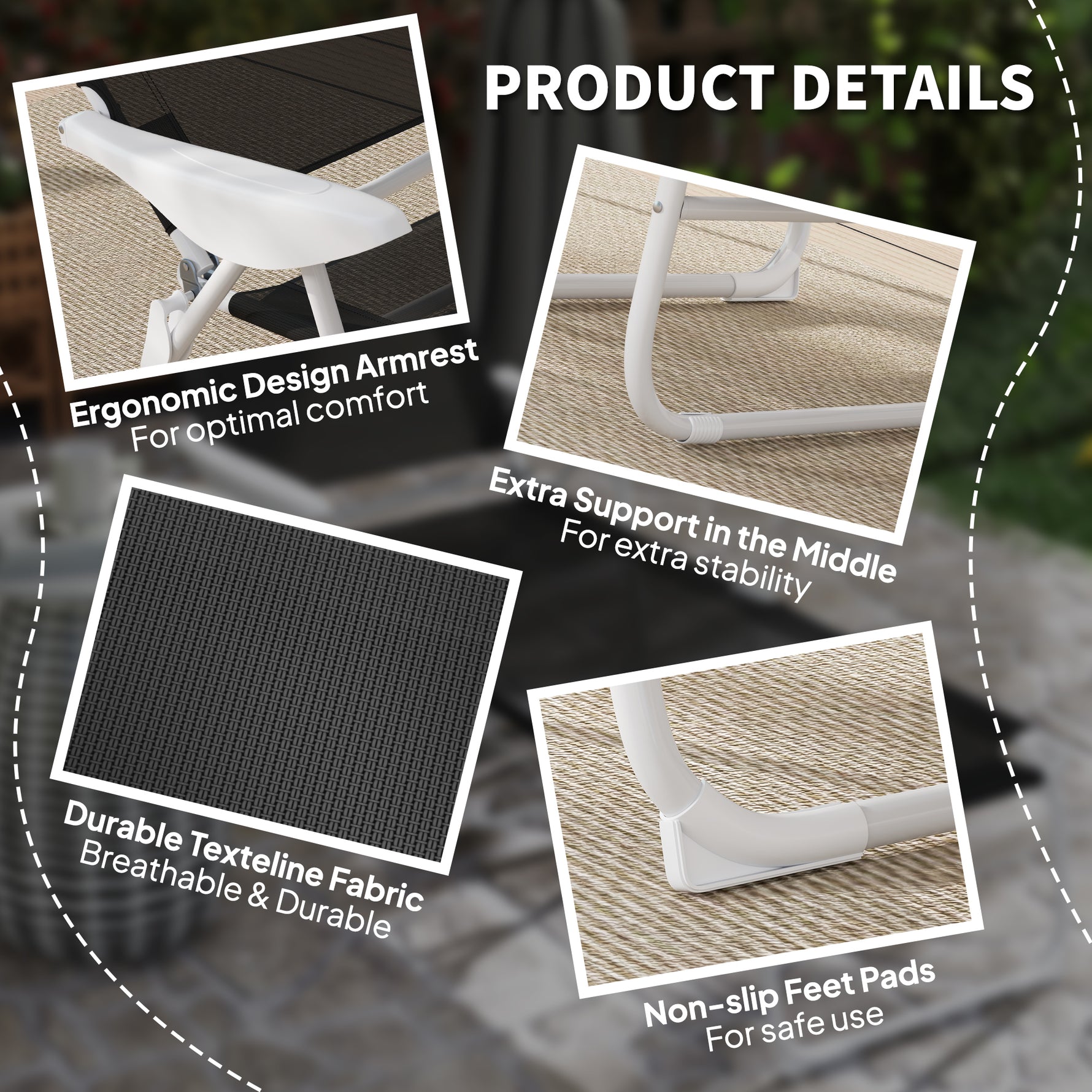 Folding Chaise Lounge, Outdoor Sun Tanning Chair, 4-Position Reclining Back, Armrests, Removable Pillow, Black