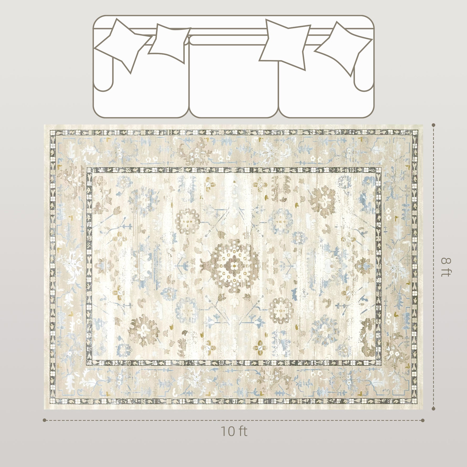 8x10 Area Rug, Indoor Boho Machine Washable Carpet For Living Room, Bedroom, Dining Room, Kitchen, Blue