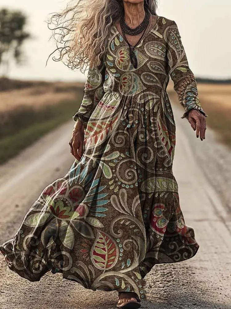 Personalized Retro Chic V-Neck Long-Sleeve Dress