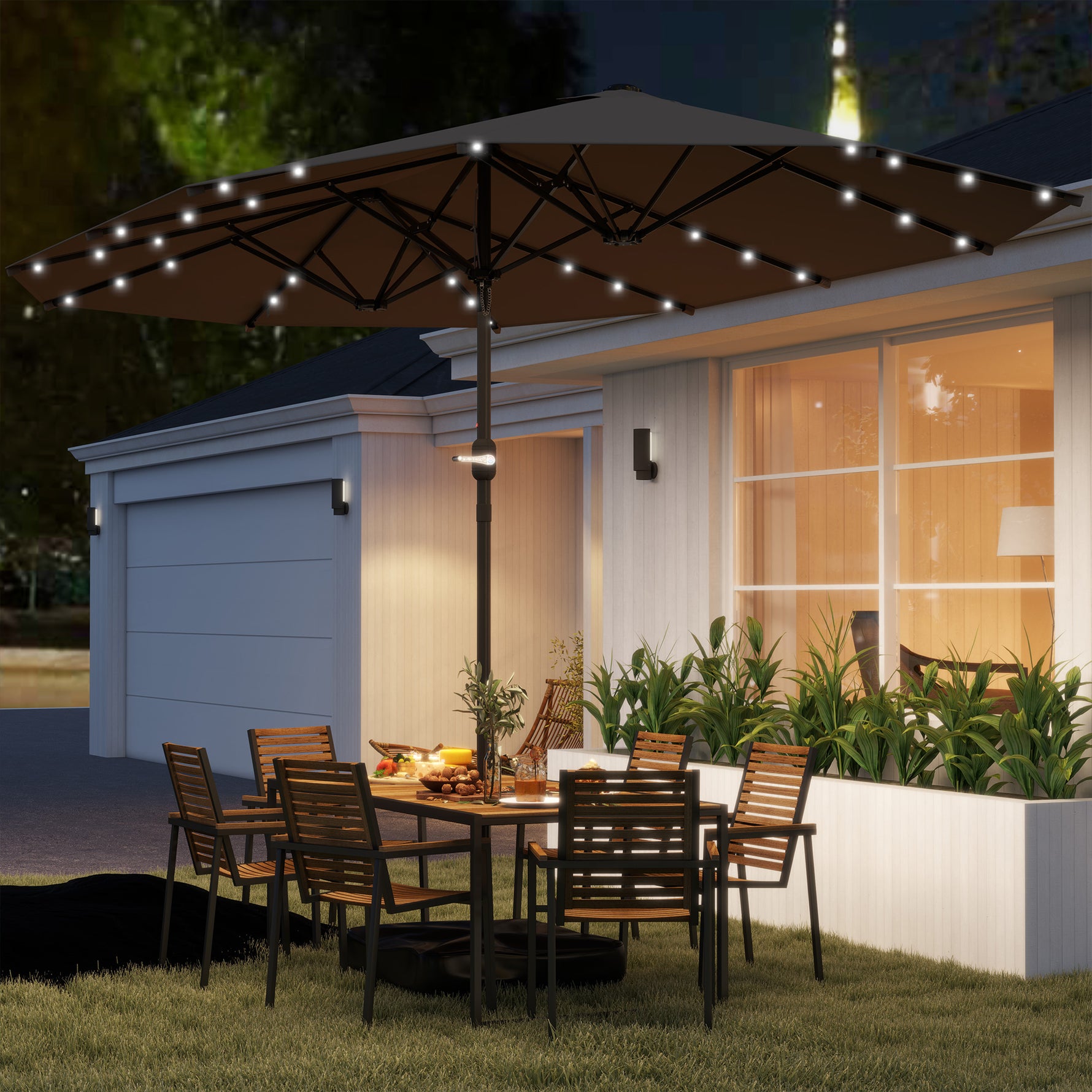 Garden Parasol 14.4 Ft. Double-Sided Sun Umbrella With Base, Patio Parasol With LED Solar Lights, Khaki