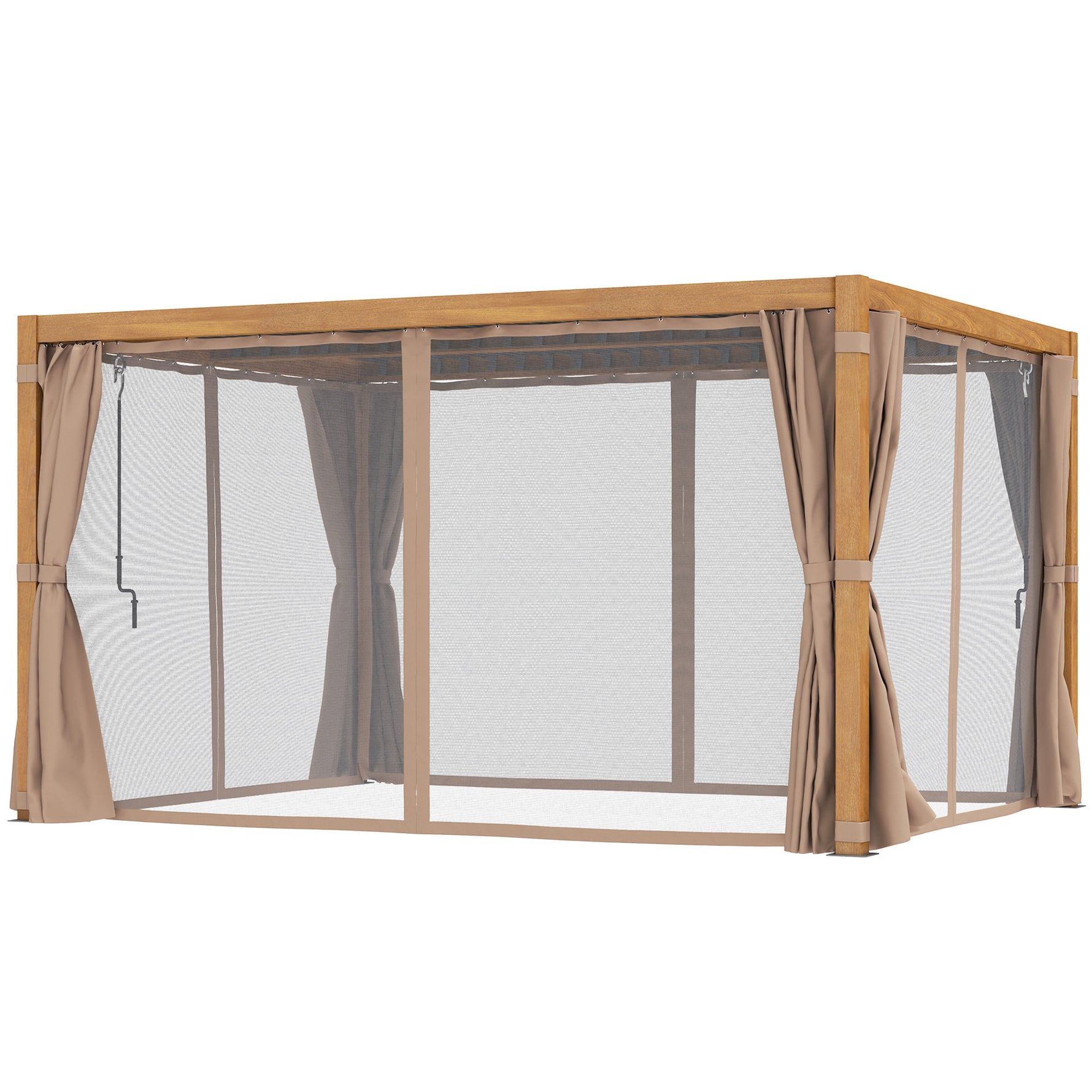 10 X 13 Outdoor Retractable Pergola WSun Shade Louvered Top, Pergola W Canopy, Curtains, Netting, Natural Wood