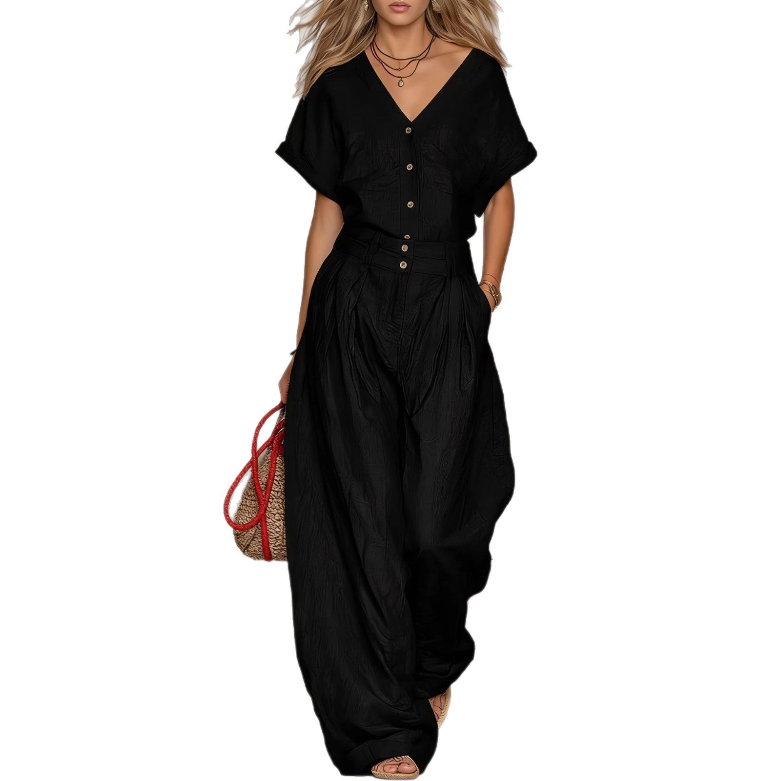 Solid-color V-neck Short-sleeve Top And Wide-leg Pants Set