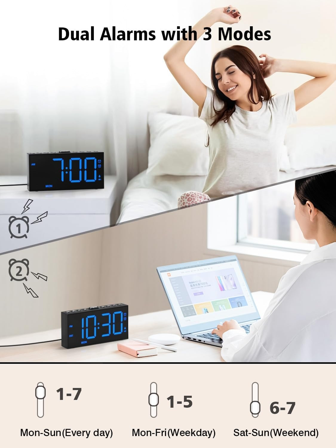 A Loud Alarm Clock With A Bed Vibration Device, Specially Designed For People With Severe Insomnia. It Is Suitable For Those With Hearing Impairments And Deafness. It Has 2 Alarm Functions, 3 Vibratio
