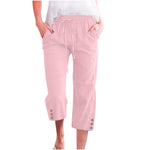 Womens Solid-Colored Drawstring Cotton-Linen Casual Loose-Fit Home Cropped Pants With Buttons And Pockets