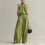 Womens Elegant Round-Neck Sleeveless Top And Pants Suit