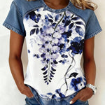 Color-block Printed Short-sleeve Womens Loose Top